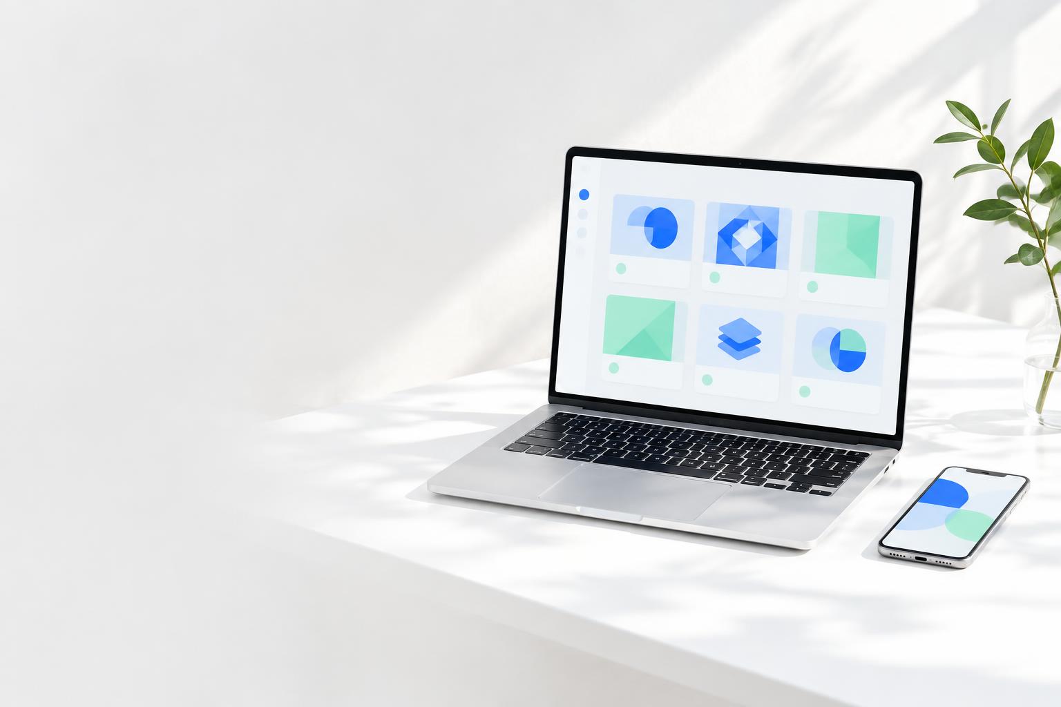 A bright digital storefront workspace with a laptop and phone